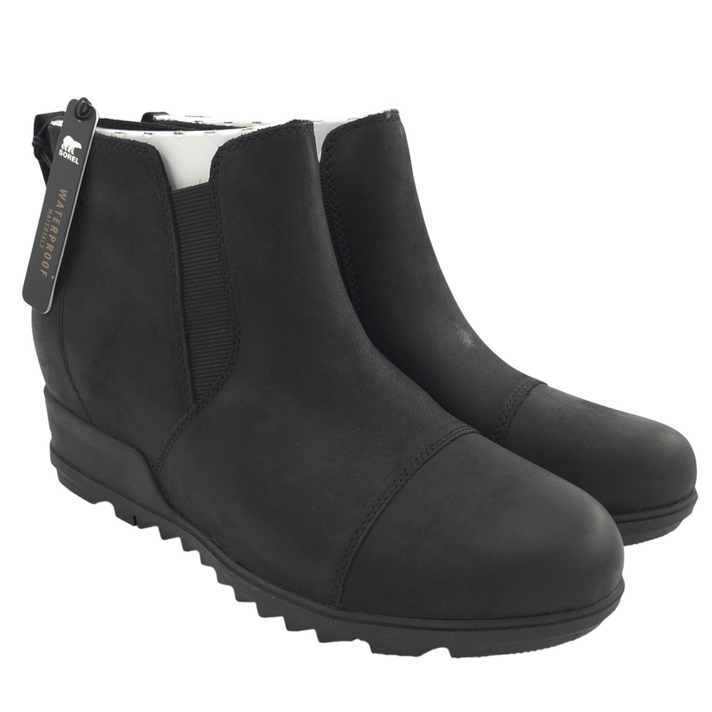 Sorel Evie Pull On Booties Women 11 Black Waterproof Leather Wedge Boot NEW
